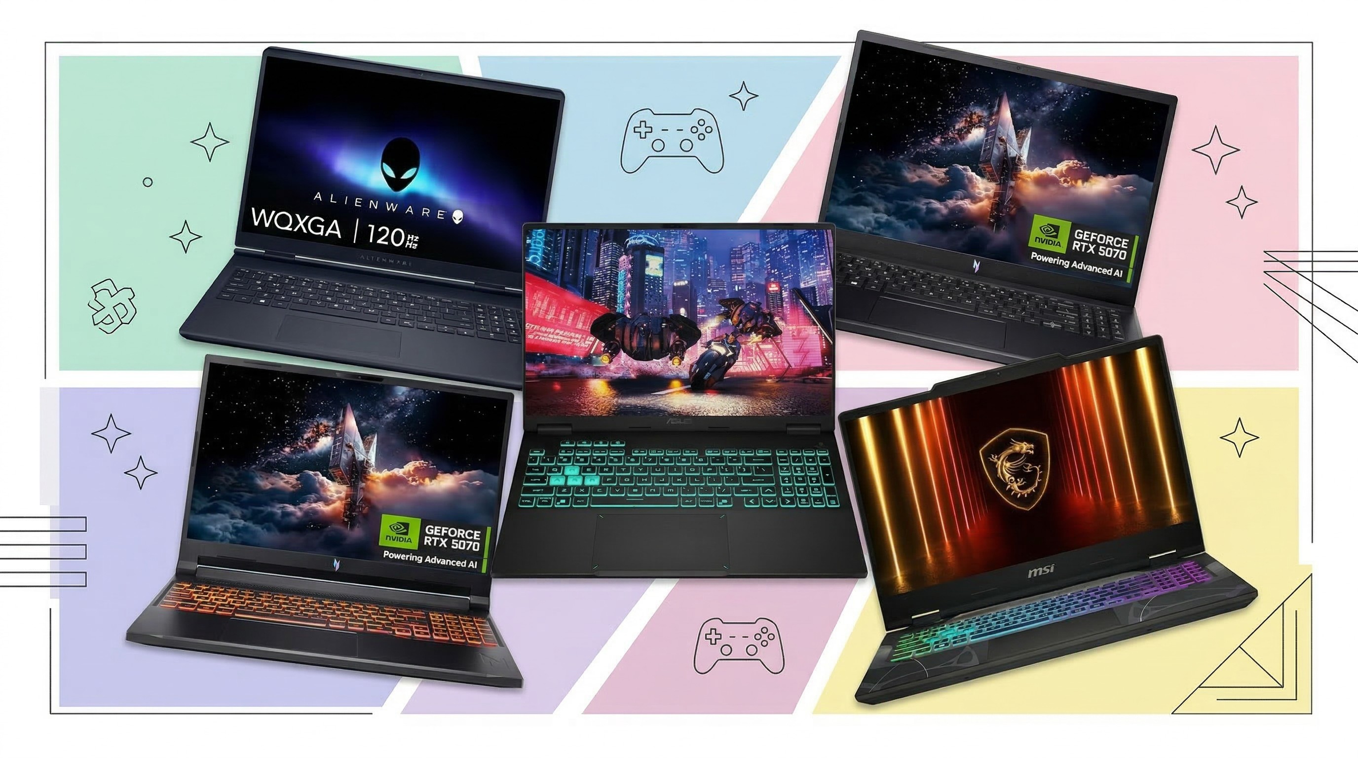 Assorted gaming laptops arranged on a pastel background with gaming themed geometric shapes.