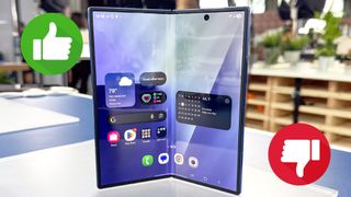 Galaxy Z Fold 7 open to full display with thumbs up and thumbs down icons