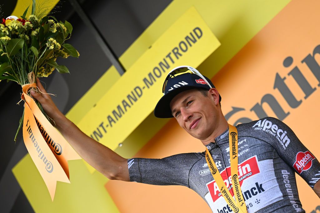 SAINTAMANDMONTROND FRANCE JULY 09 Jasper Philipsen of Belgium and Team Alpecin Deceuninck celebrates at podium as stage winner during the 111th Tour de France 2024 Stage 10 a 1873km stage from Orleans to SaintAmandMontrond UCIWT on July 09 2024 in Orleans France Photo by Tim de WaeleGetty Images