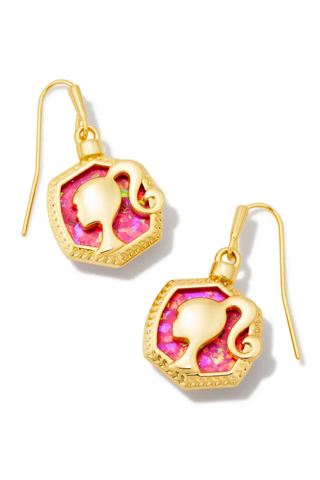 Barbiecore Hot Pink Trend 2023 | Barbie™ x Kendra Scott Gold Drop Earrings in Pink Iridescent Glitter Glass