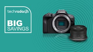 Canon EOS R100 kit on a teal background with a TechRadar deal overlay for big savings