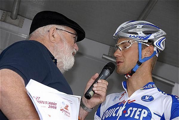 Tom Boonen is interviewed at the start of stage one.