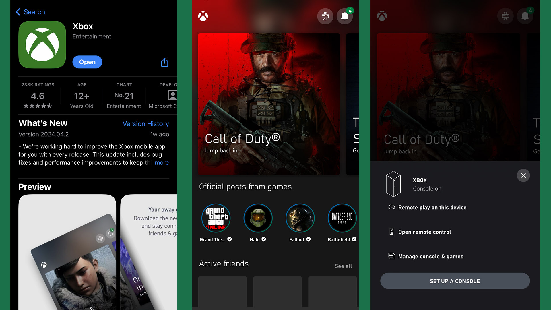 Screenshots of the Xbox app on an iPhone