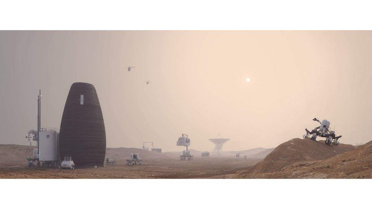 A visualization of Marsha, the winner of NASA's 3D-Printed Habitat Challenge.