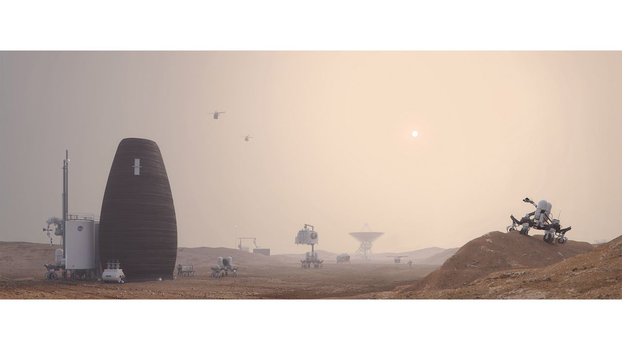 A visualization of Marsha, the winner of NASA's 3D-Printed Habitat Challenge.