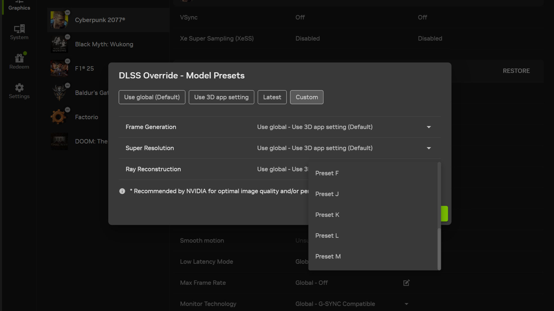 A screenshot of the Nvidia App, showing the list of DLSS presets introduced in DLSS 4.5