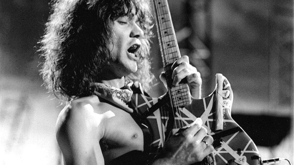 Eddie Van Halen of the rock group Van Halen performs at the Forum in May, 1984 in Inglewood, California. 