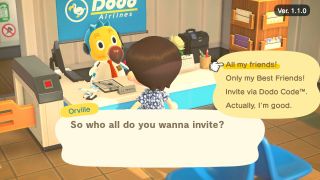 Animal Crossing New Horizons player telling Orville that they want to make it so any of their friends can visit