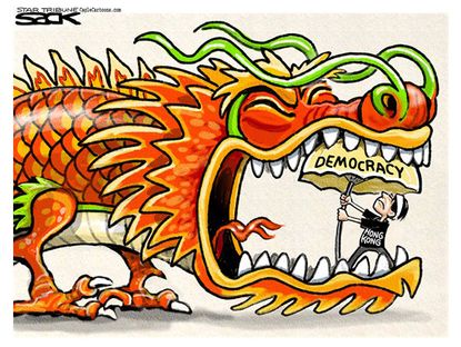 Political cartoon Hong Kong democracy China world