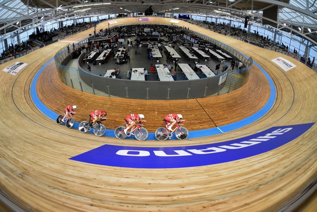 Danish teams members Tobias Hansen CarlFrederik Bevort Rasmus Pedersen and Robin Skivild compete in the mens Team Pursuit qualifying during the UCI Track Cycling World Championships at JeanStablinski velodrome in Roubaix northern France on October 20 2021 Photo by FRANCOIS LO PRESTI AFP Photo by FRANCOIS LO PRESTIAFP via Getty Images