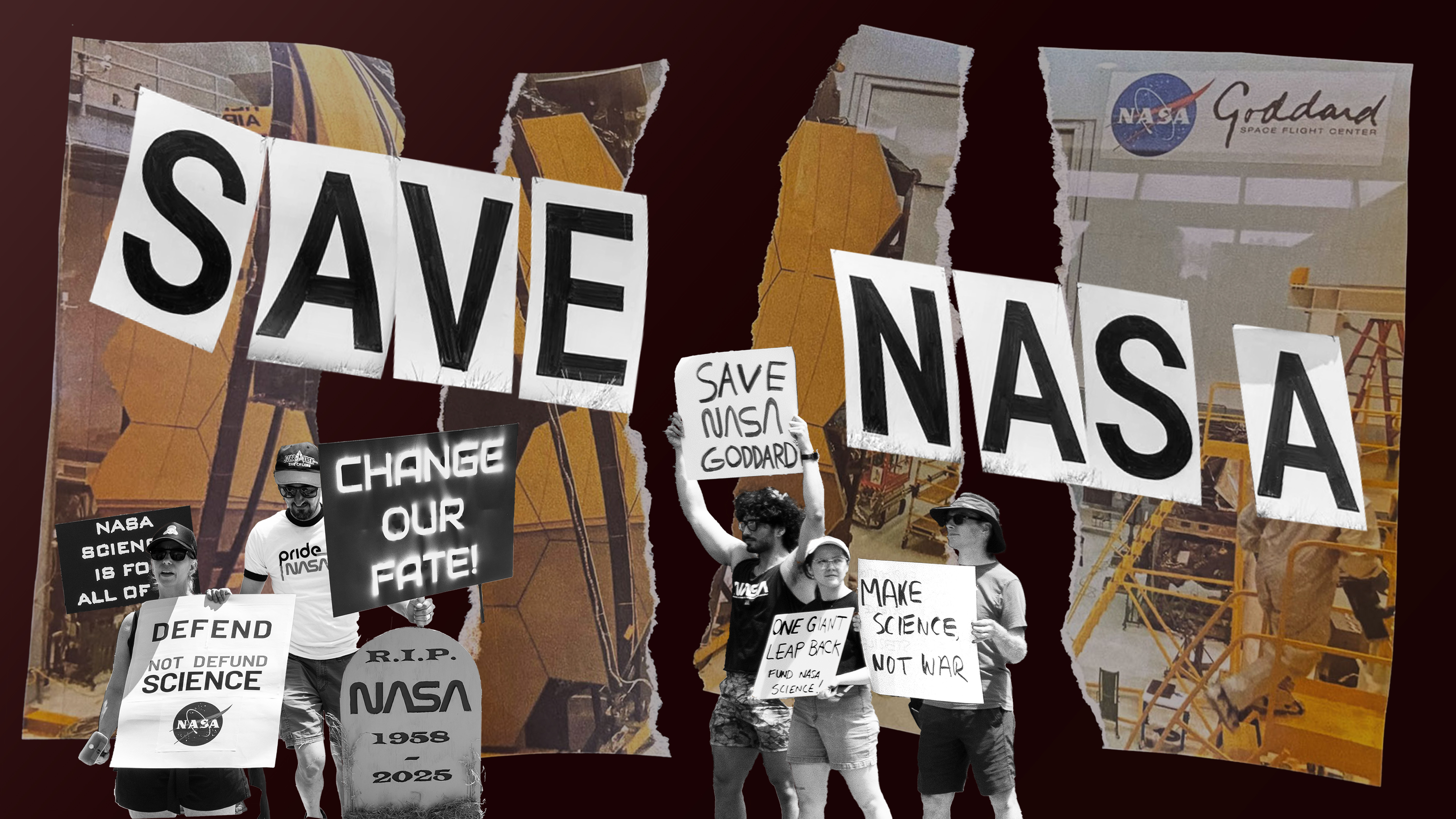 SAVE NASA hangs in front of a torn up photo as black and white protesters hold signs in the bottom foreground.