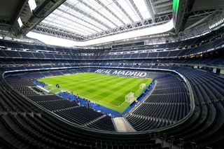 MADRID, SPAIN - JANUARY 22: A general view of the inside of the stadium prior to the UEFA Champions League 2024/25 League Phase MD7 match between Real Madrid C.F. and FC Salzburg at Estadio Santiago Bernabeu on January 22, 2025 in Madrid, Spain. (Photo by Aitor Alcalde - UEFA/UEFA via Getty Images)