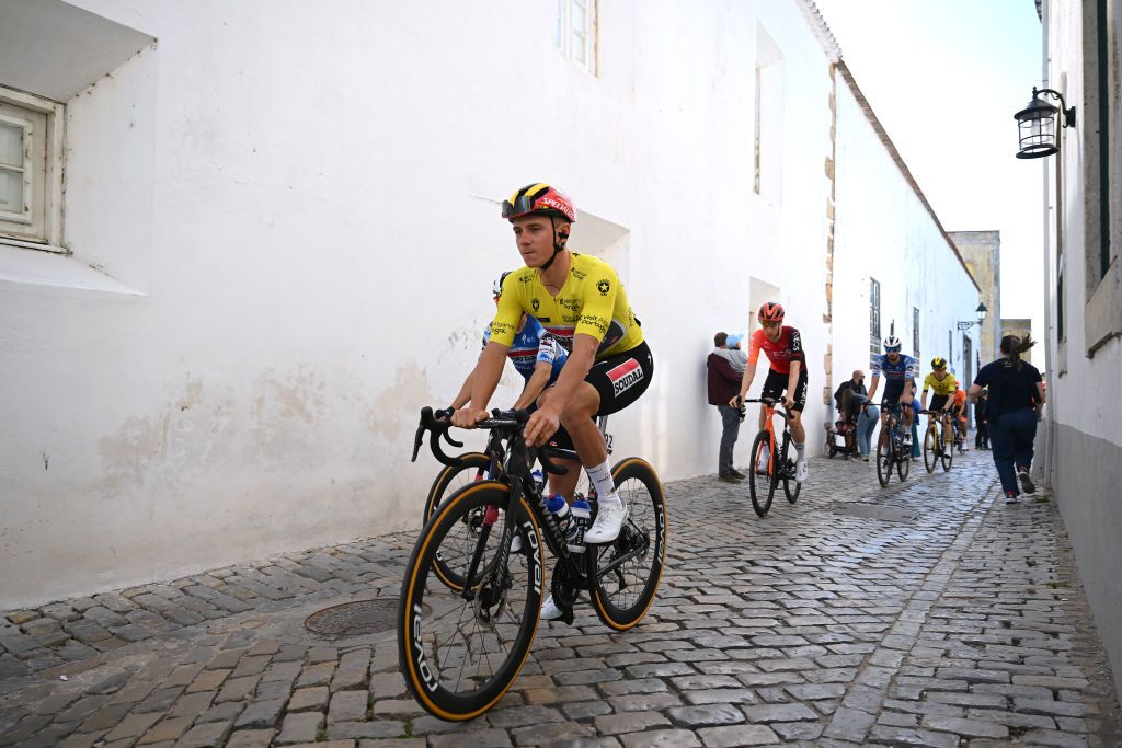 FARO PORTUGAL FEBRUARY 18 Remco Evenepoel of Belgium and Team Soudal Quick Step hansgrohe Yellow leader jersey prior to the 50th Volta ao Algarve em Bicicleta 2024 Stage 5 a 1658km stage from Faro to Alto do Malhao 514m on February 18 2024 in Faro Portugal Photo by Dario BelingheriGetty Images