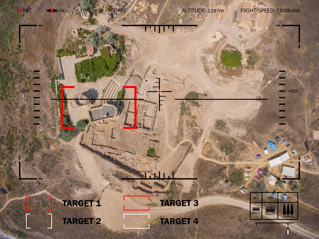 Aiming bomber to the target in the desert. Viewfinder plane.