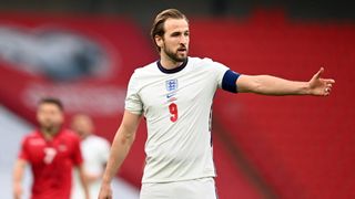 Harry Kane playing football for England against Albania
