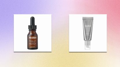 Medik8 Retinol and Crystal Retinal Serums on multicoloured backgrounds