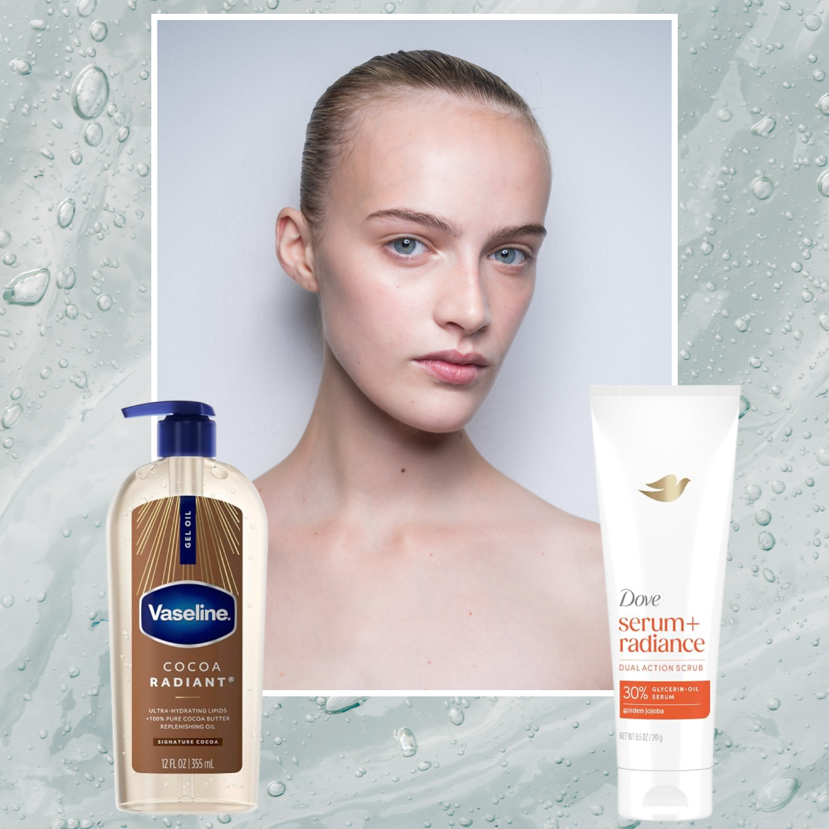 A woman wearing a slicked back bun next to 3 beauty products in front of a macro shot of soap as a background. 