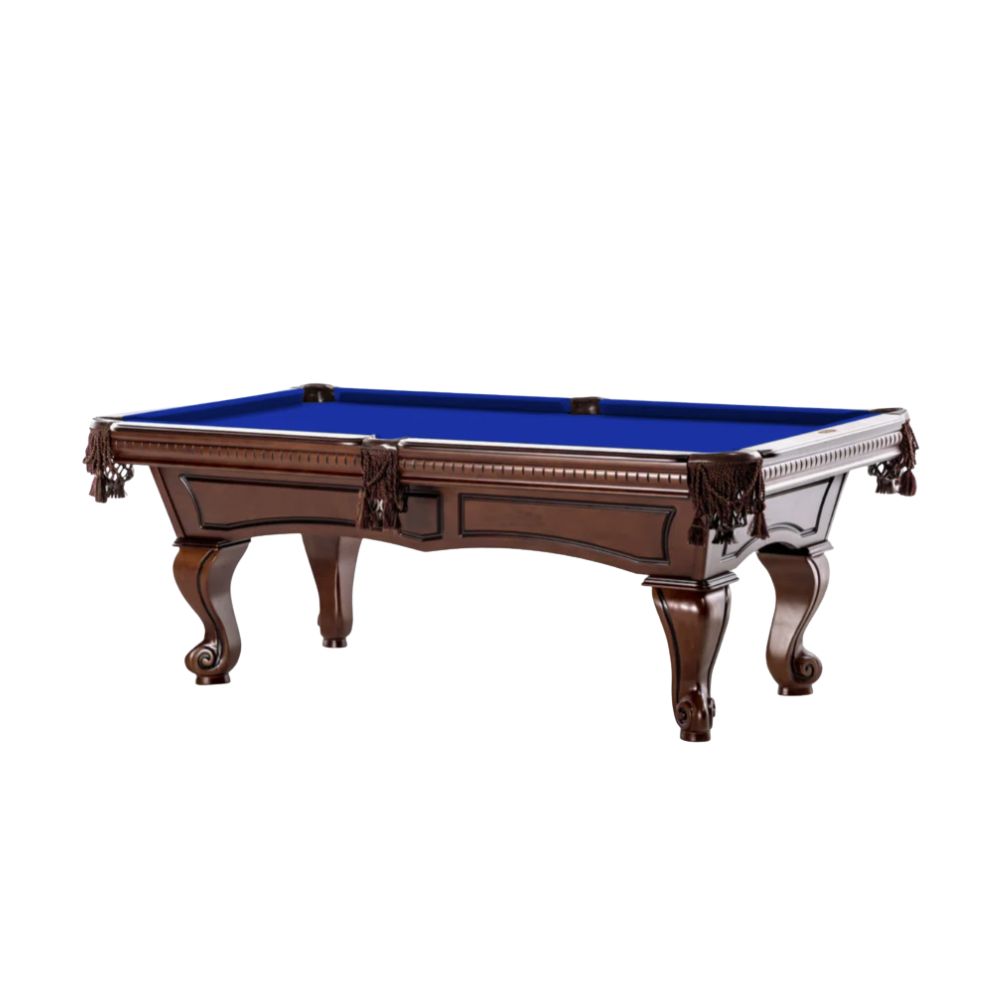 Vintage-style wooden pool table with blue felt