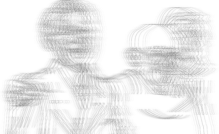 A white background with the outlines of Mahatma Gandhi and Mohammed Ali Zinnah, repeated multiple times to appear blurred