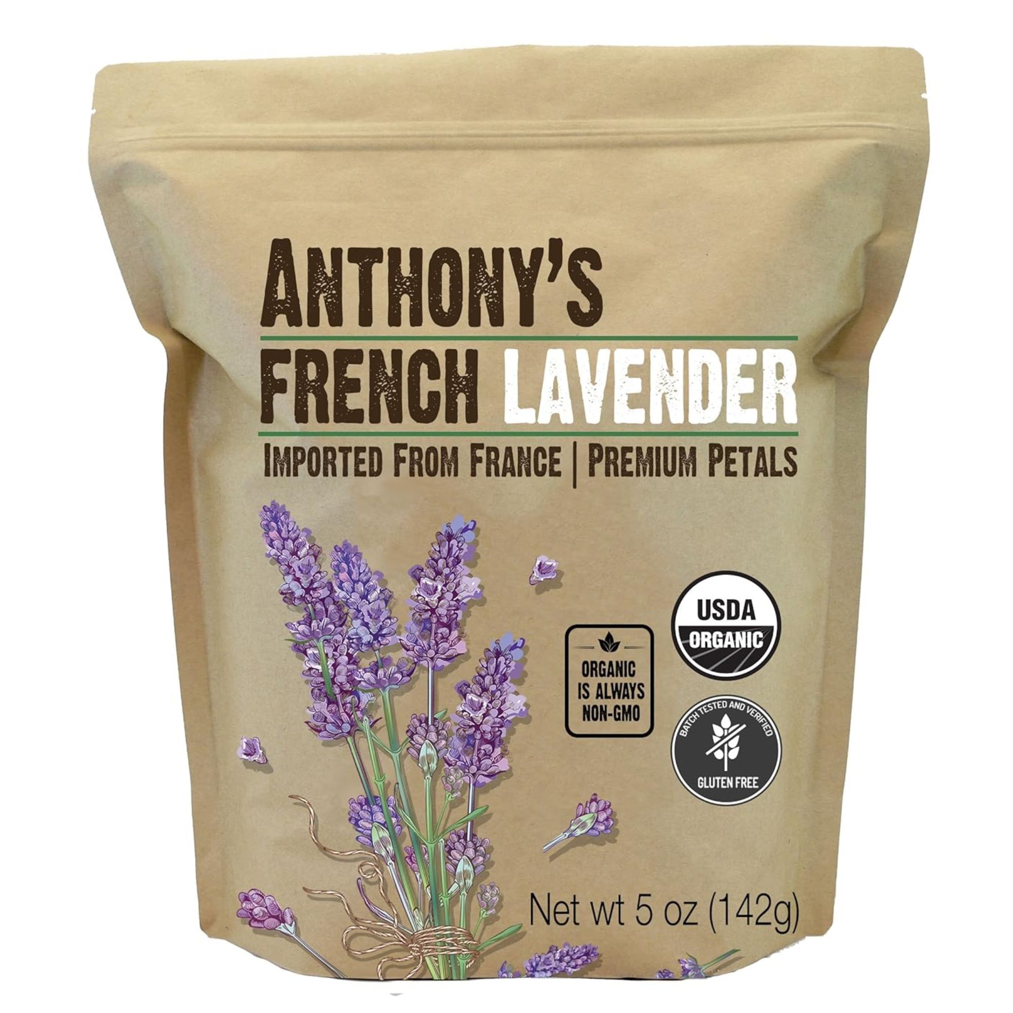 Dried lavender petals in a brown bag