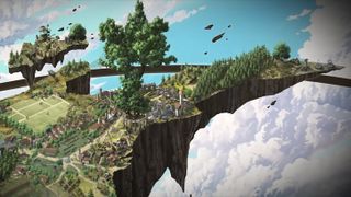 An overhead shot of a town perched on a cliff in Symbiogenesis.