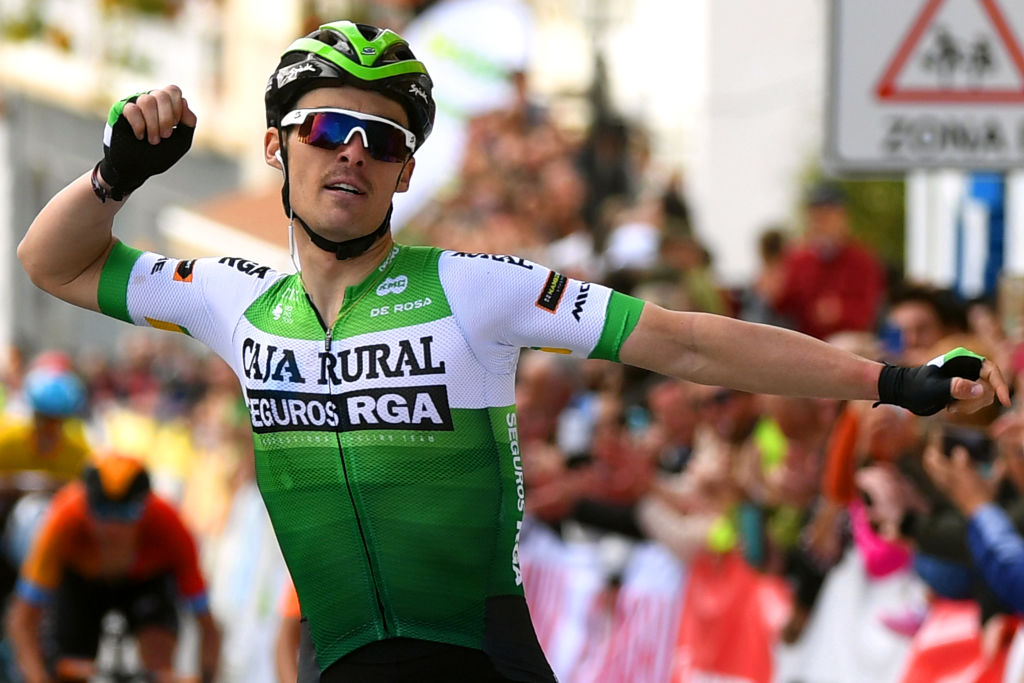 IZNJAR SPAIN FEBRUARY 20 Arrival Gonzalo Serrano of Spain and Team Caja Rural Seguros RGA Celebration during the 66th Vuelta a Andaluca Ruta del Sol 2020 Stage 2 a 1981km stage from Sevilla to Iznjar 527m VCANDALUCIA UCIProSeries on February 20 2020 in Iznjar Spain Photo by David RamosGetty Images