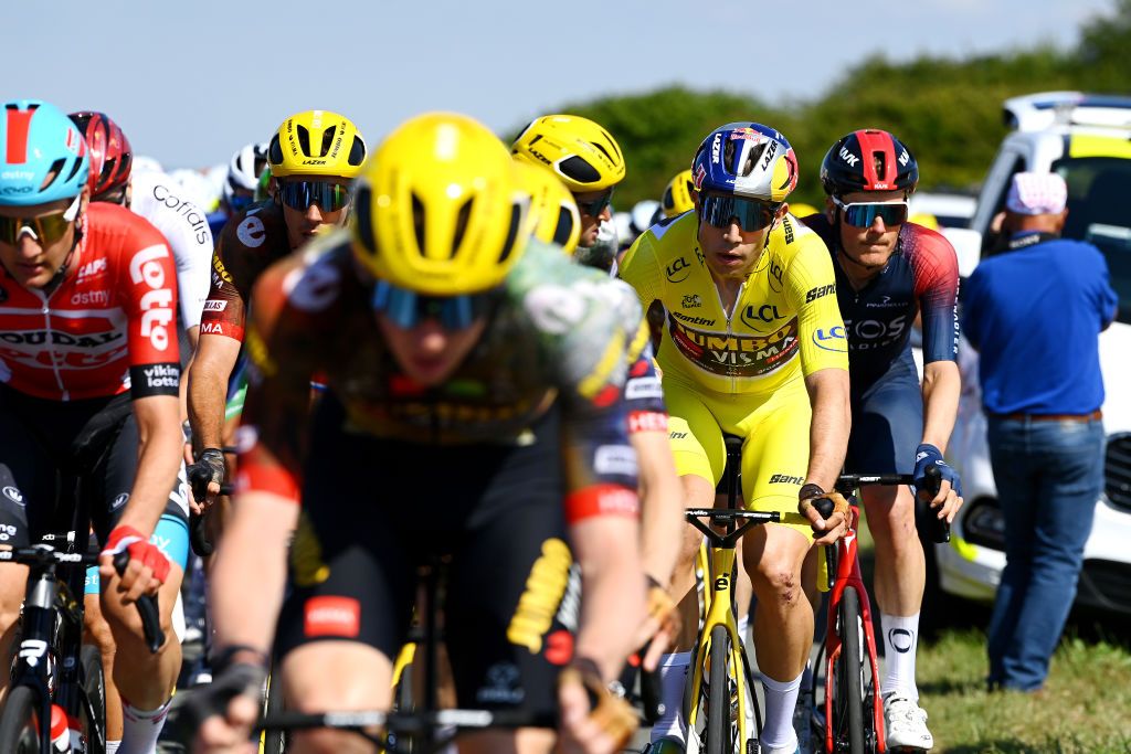 CALAIS FRANCE JULY 05 Wout Van Aert of Belgium and Team Jumbo Visma Yellow Leader Jersey C cmduring the 109th Tour de France 2022 Stage 4 a 1715km stage from Dunkerque to Calais TDF2022 WorldTour on July 05 2022 in Calais France Photo by Tim de WaeleGetty Images