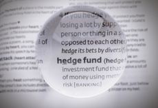 magnifying glass hovering over phrase "hedge fund" in dictionary