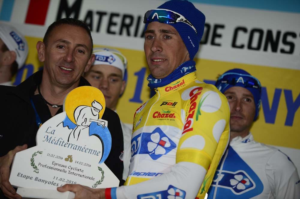 Matthieu Ladagnous collects the stage winner's trophy