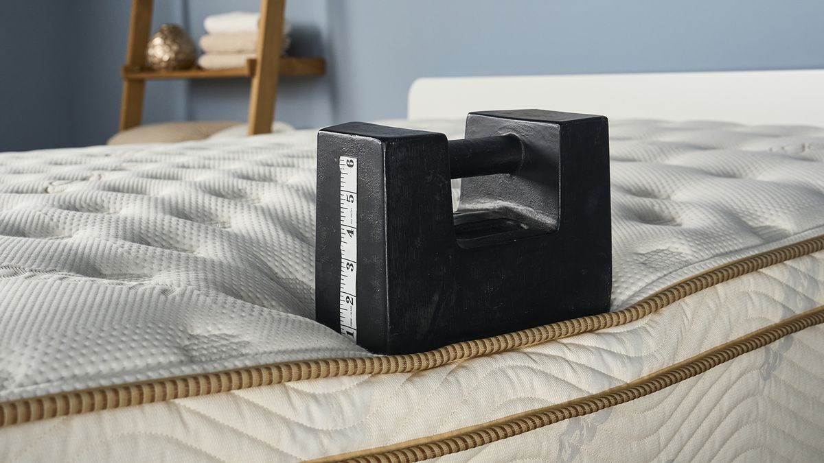 56lb weight placed on the edge of the Saatva Classic mattress during testing
