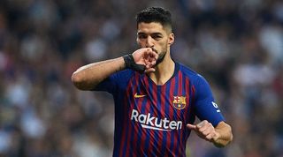 Luis Suarez celebrates after scoring for Barcelona against Real Madrid in 2019.