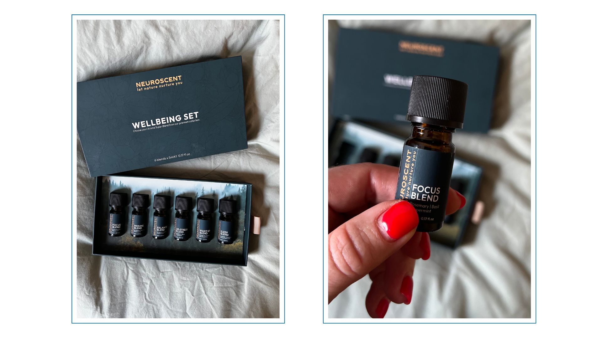 two images of Neuroscent Wellbeing set pictured on a green backdrop, in one, beauty editor Fiona McKim's hand is pictured holding the focus blend