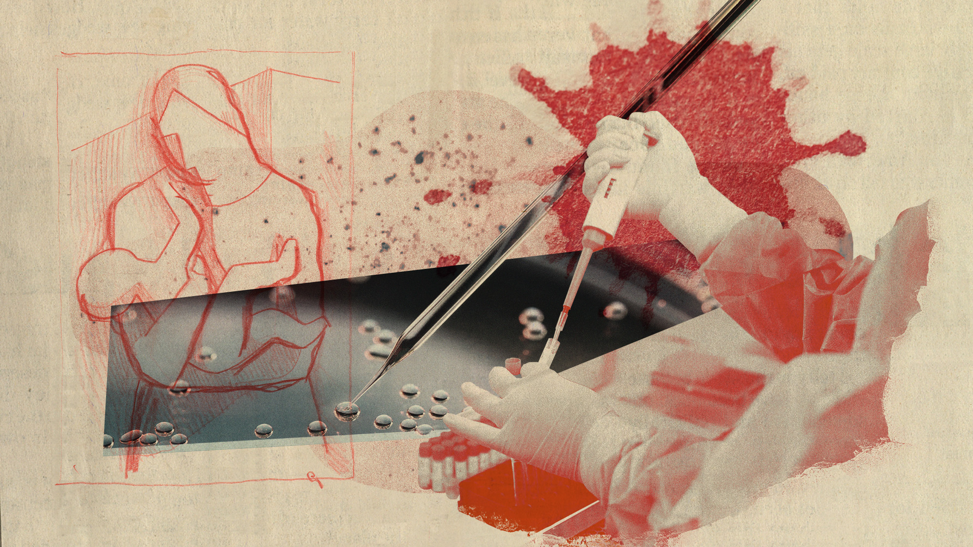 Photo collage of of stem cells, blood cells, and a sketch of a woman holding a child