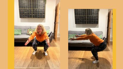 Kat Storr doing 50 squats a day at home in living room, view from two angles