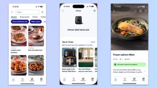 a screenshot of three images from the HomeID app showing compatibility with the philips 2000 series air fryer, including recommended recipes