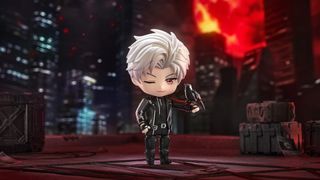 Sylus Nendoroid figure holding Mephisto the mechanical crow on an urban background with a red sun in the sky