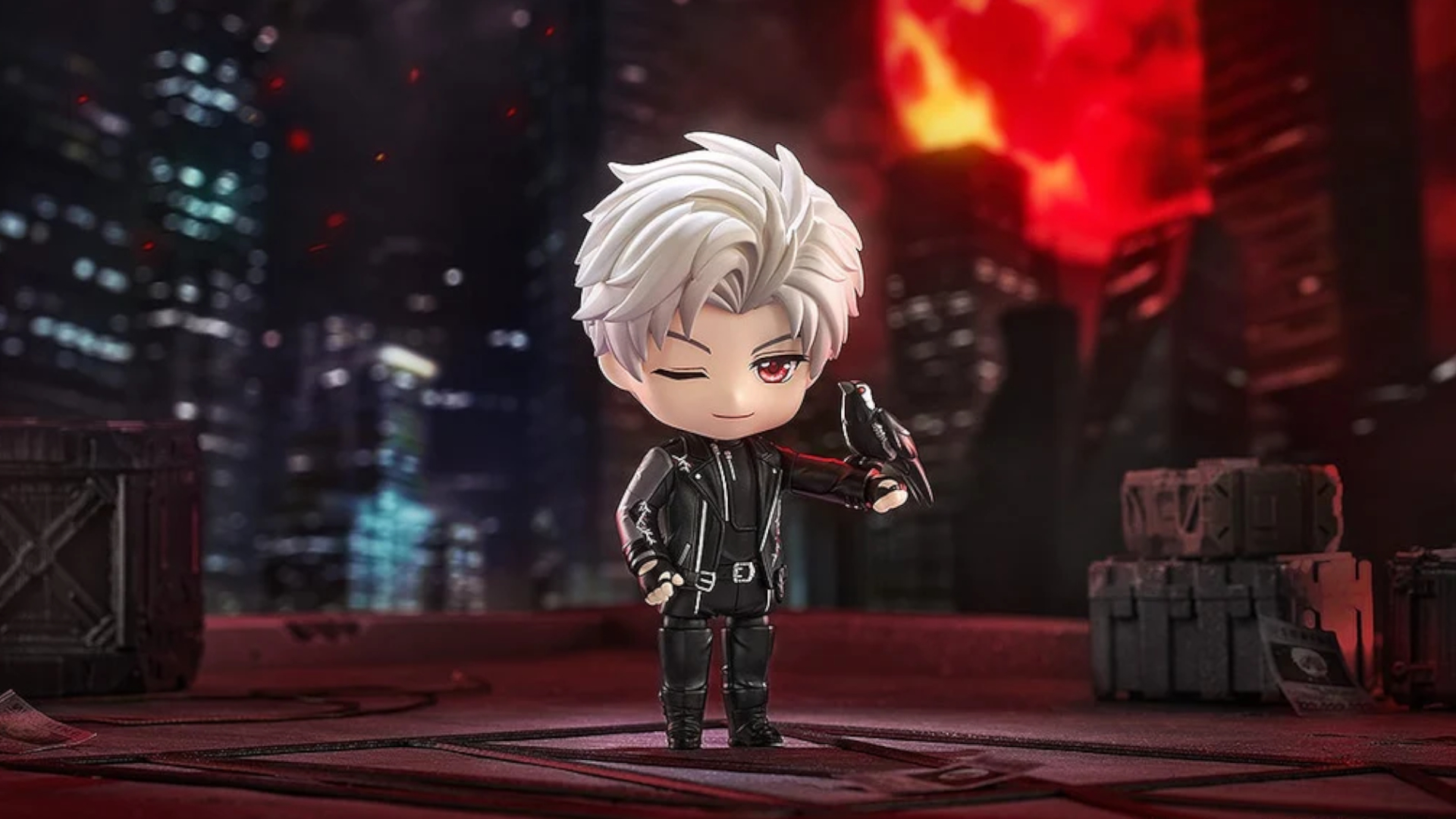 Sylus Nendoroid figure holding Mephisto the mechanical crow on an urban background with a red sun in the sky