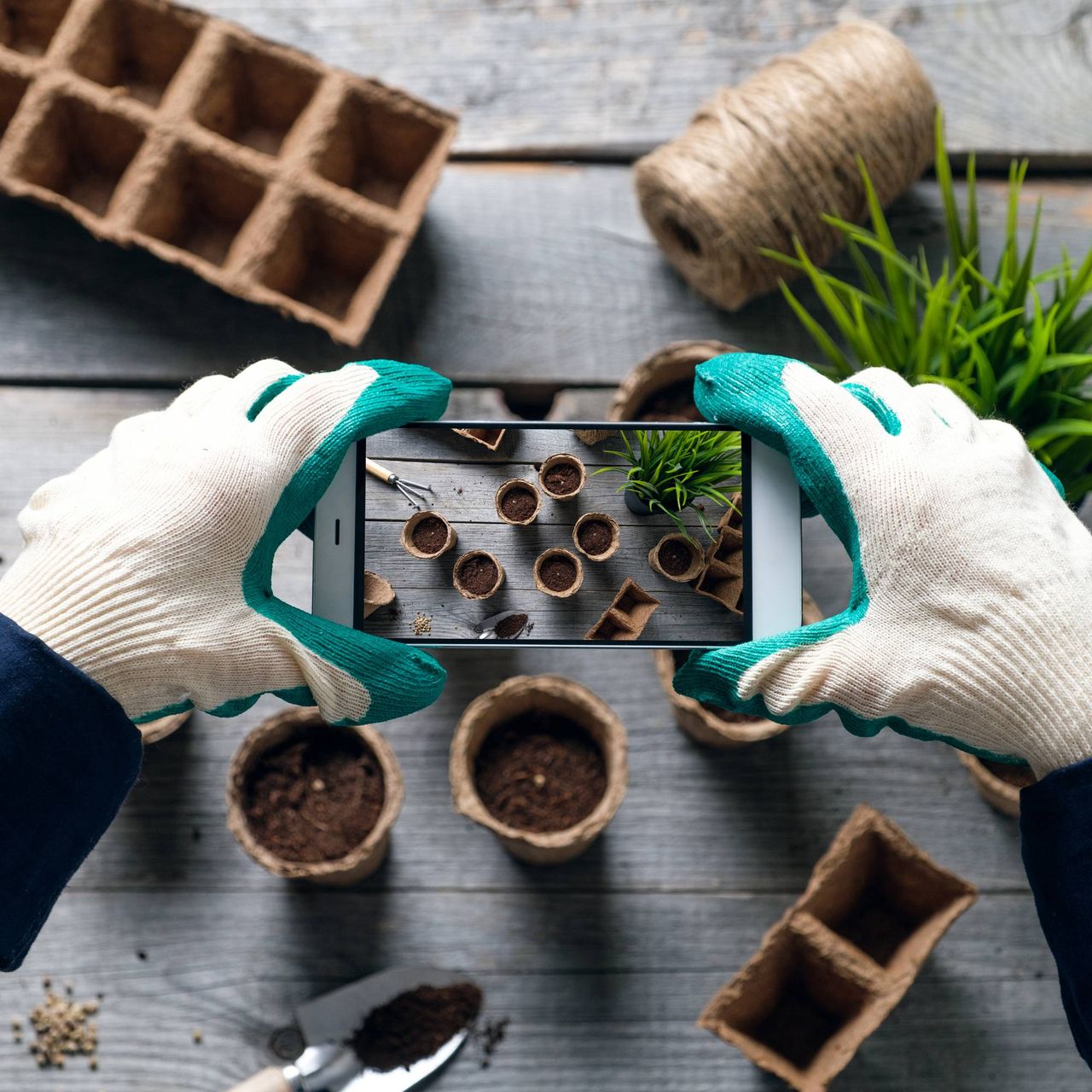Gloved hands hold a phone over seedling pots to take a photo
