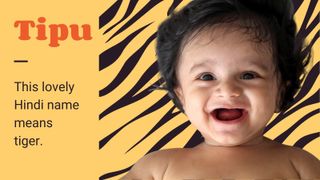Image of a toger background and laughing baby on to illustrate Indian baby names