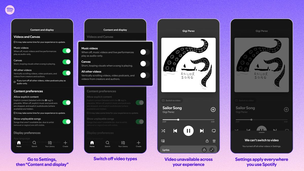 Spotify मोबाइल एपमा भिडियो नियन्त्रणहरू कसरी पहुँच गर्ने भनेर देखाउने इन्फोग्राफिक