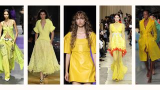 models on the runway wearing yellow clothes by Chloe, Burberry, Versace, Bottega Veneta, Laquan Smith
