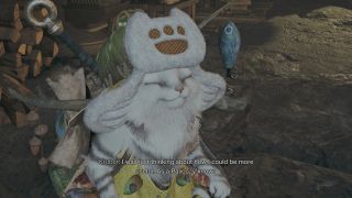 Monster Hunter Wilds Palico speaking to trainer