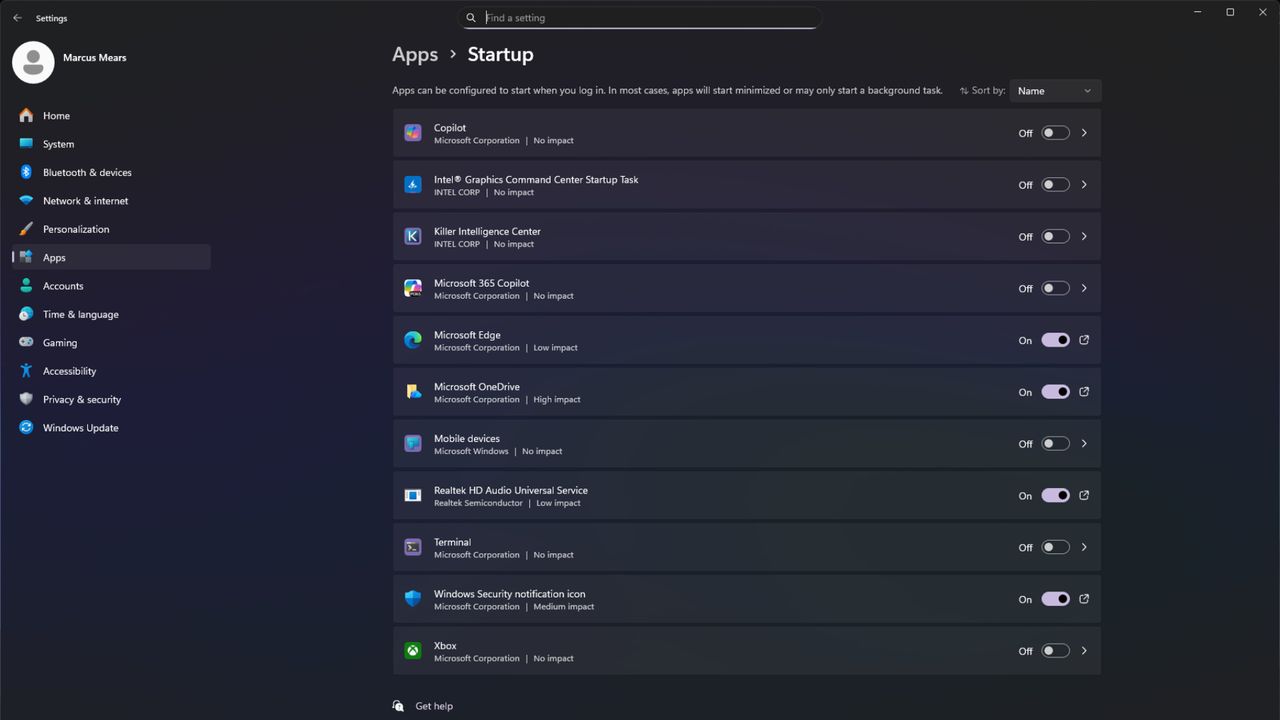 Windows 11 Startup Apps settings page