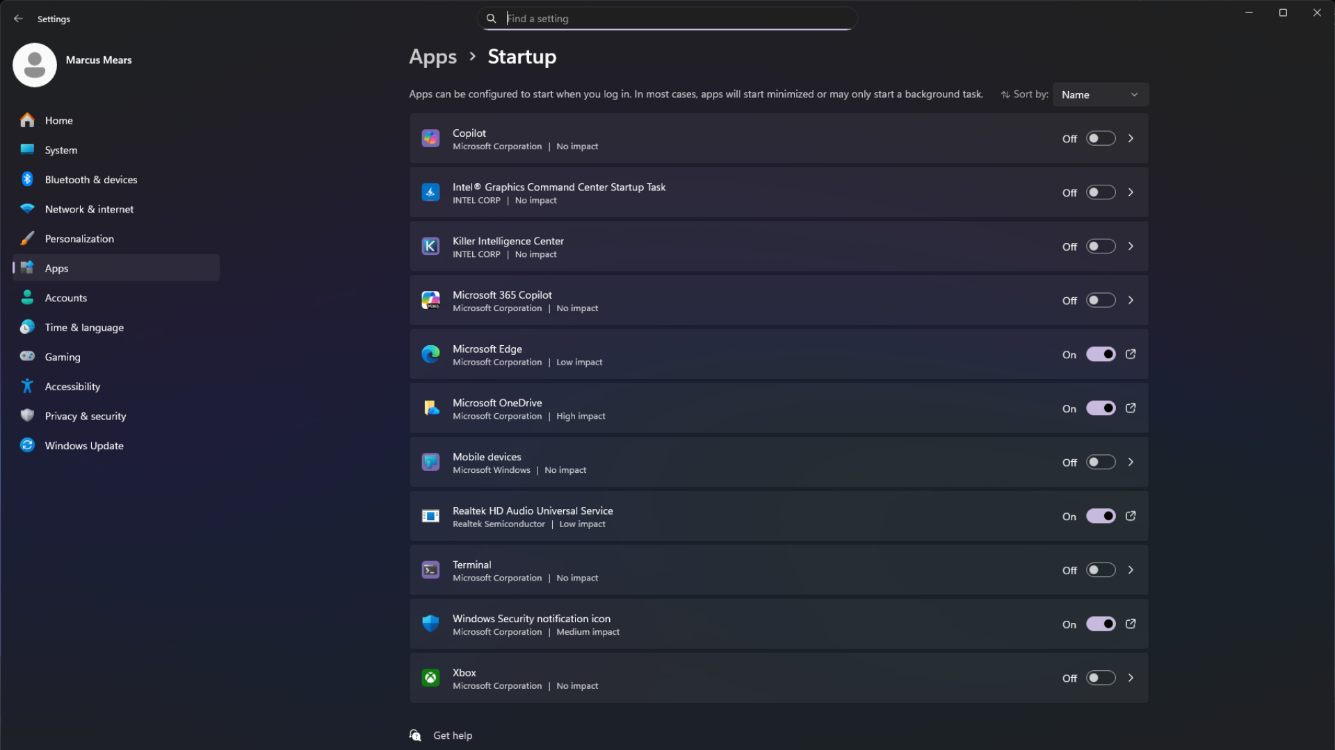 Windows 11 startup app settings page