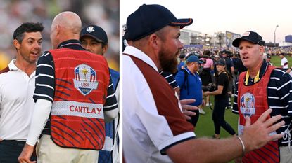 Shane Lowry and Joe LaCava in words on the 18th green at the 2023 Ryder Cup