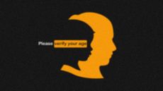 Silhouette profile of a young boy masked with an older man's face and an age verification pop-up