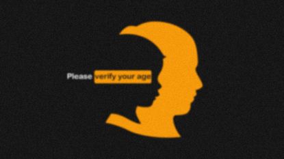 Silhouette profile of a young boy masked with an older man's face and an age verification pop-up