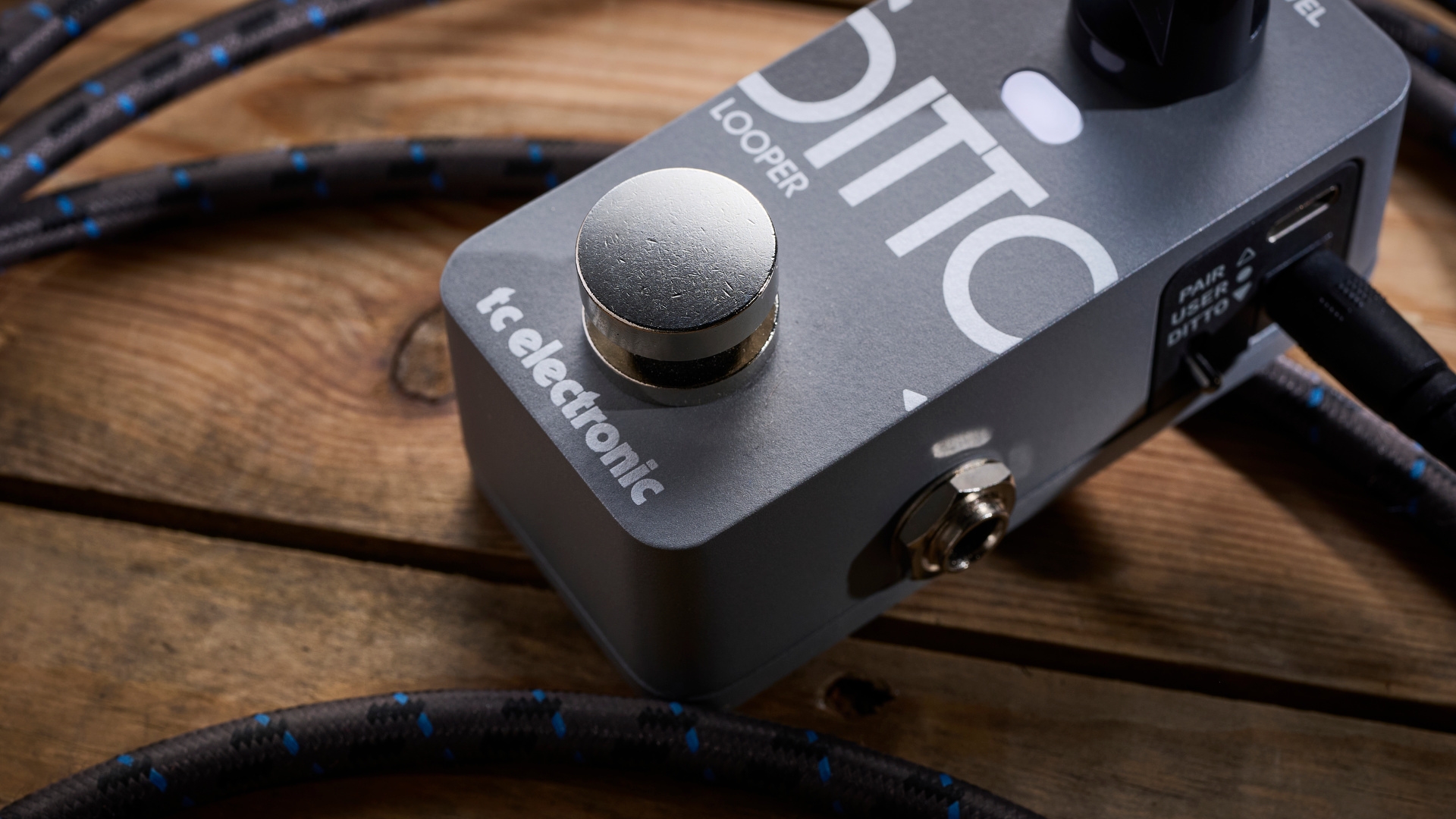 Close up of the footswitch on a TC Electronic Ditto 2 looper pedal
