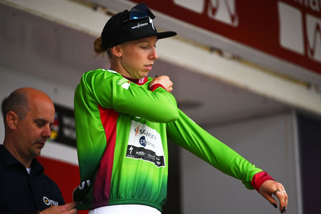 ASSEN NETHERLANDS OCTOBER 09 Lorena Wiebes of The Netherlands and Team SD Worx Protime celebrates at podium as winner during the 26th Simac Ladies Tour 2024 Stage 2 a 1548km stage from Coevorden to Assen on October 09 2024 in Assen Netherlands Photo by Luc ClaessenGetty Images