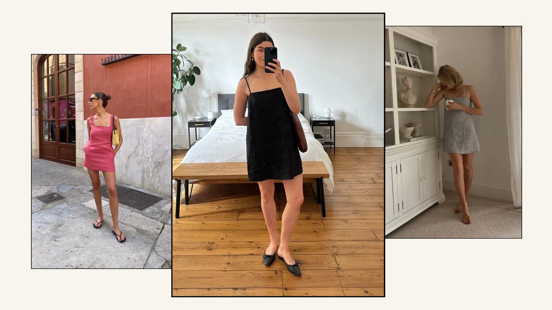 Three women wear linen mini dresses